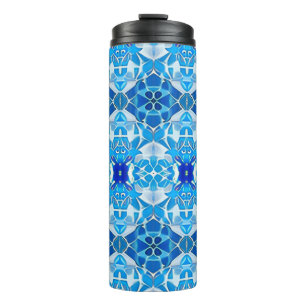 Garrafa Térmica Turquesa, Cinza e Padrão de Azulejo Azul Cobalto