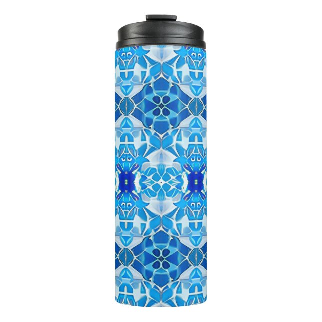 Garrafa Térmica Turquesa, Cinza e Padrão de Azulejo Azul Cobalto (Frente)