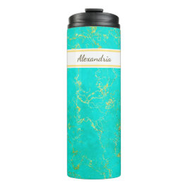 Garrafa Térmica Turquesa com Padrão e Nome Dourados de Pedra de Ve