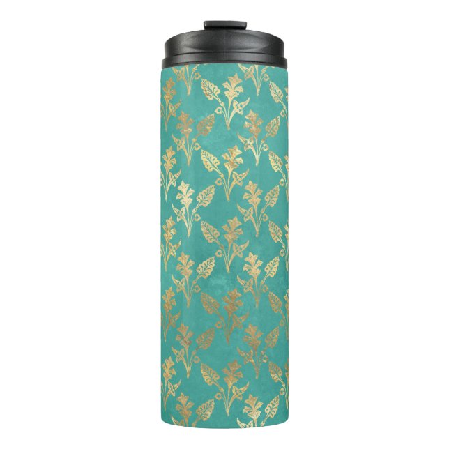 Garrafa Térmica Turquesa de ornamentado e Folhagem Dourada (Frente)