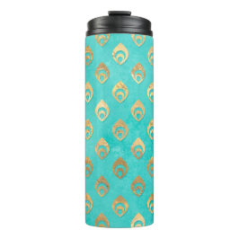Garrafa Térmica Turquesa e Pavão Dourado