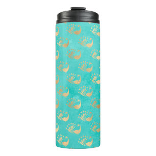Garrafa Térmica Turquesa e Pavão Dourado