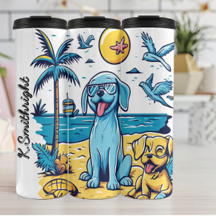 Garrafa Térmica Um cachorro azul na praia
