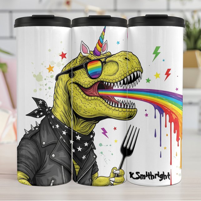 Garrafa Térmica Unicórnio Dinossauro Arco-Íris Punk Rock (Criador carregado)