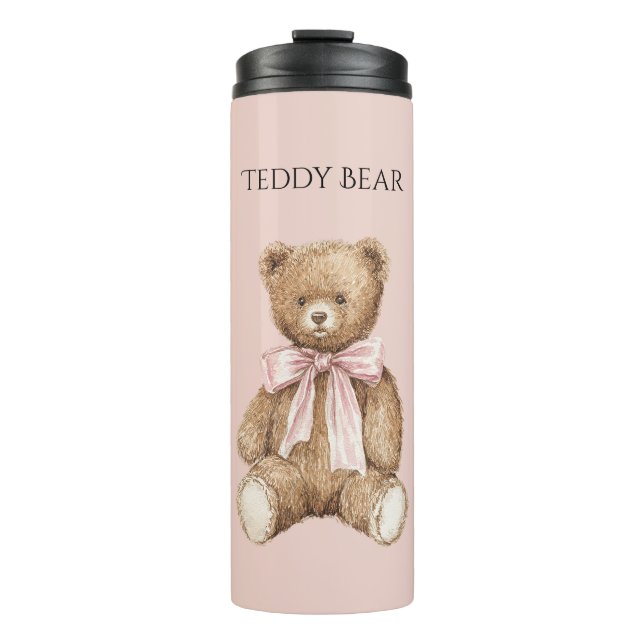 Garrafa Térmica Urso de Pelúcia Marrom Laço Rosa (Frente)