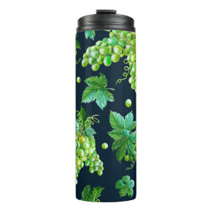 Garrafa Térmica Uva verde aquosa, folhas sobre fundo escuro.