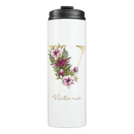 Garrafa Térmica V - Letra Dourada Monograma Marsala White Florals