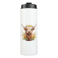 Vaca Highland com Flor Amarelo de Girassol