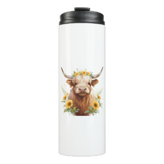 Garrafa Térmica Vaca Highland com Flor Amarelo de Girassol