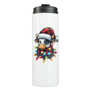 Garrafa Térmica Vaca Natal Santa Hat Buffalo Xadrez Xmas Vaca Lov