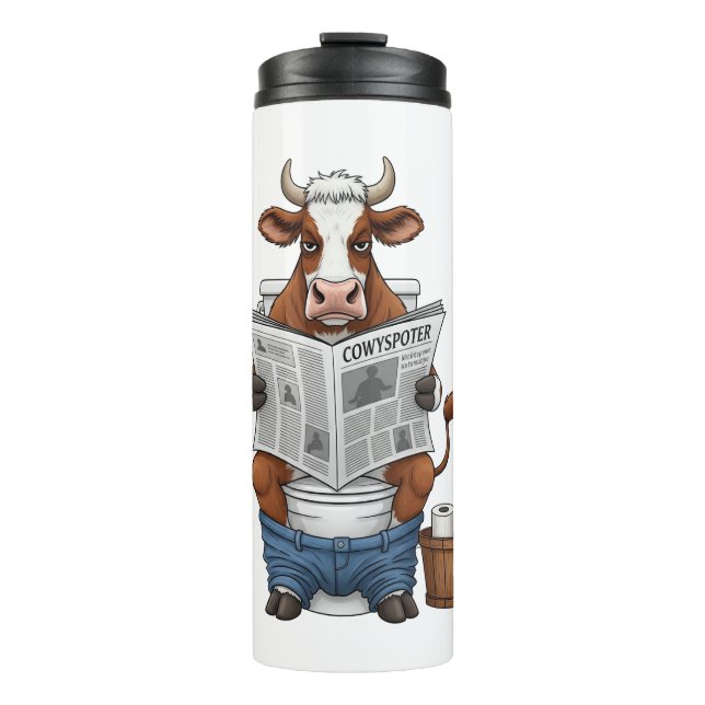 Garrafa Térmica Vaca no banheiro, Fazenda engraçado (Frente)