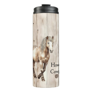 Garrafa Térmica Vaqueira Ocidental Cowboy Cavalo Madeira Falsa