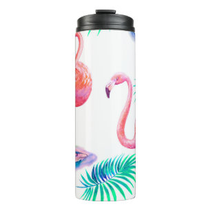 Garrafa Térmica Verão tropical com folhas de palma de flamingos e
