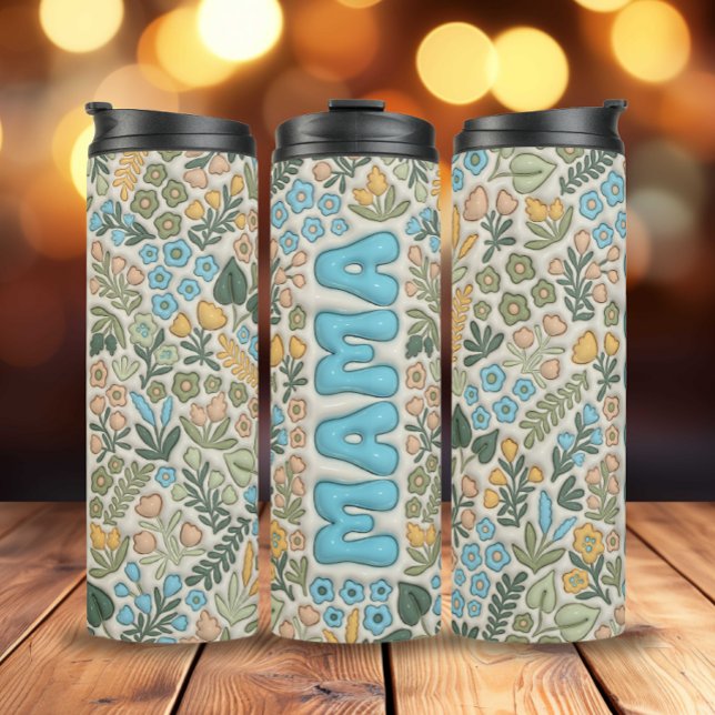 Garrafa Térmica Verde Azul Boho Flores 3D Efeito Mamã (3D Inflated Light Blue Boho Flowers Mama Thermal Tumbler)
