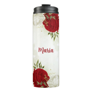 Garrafa Térmica Verde floral branco vermelho
