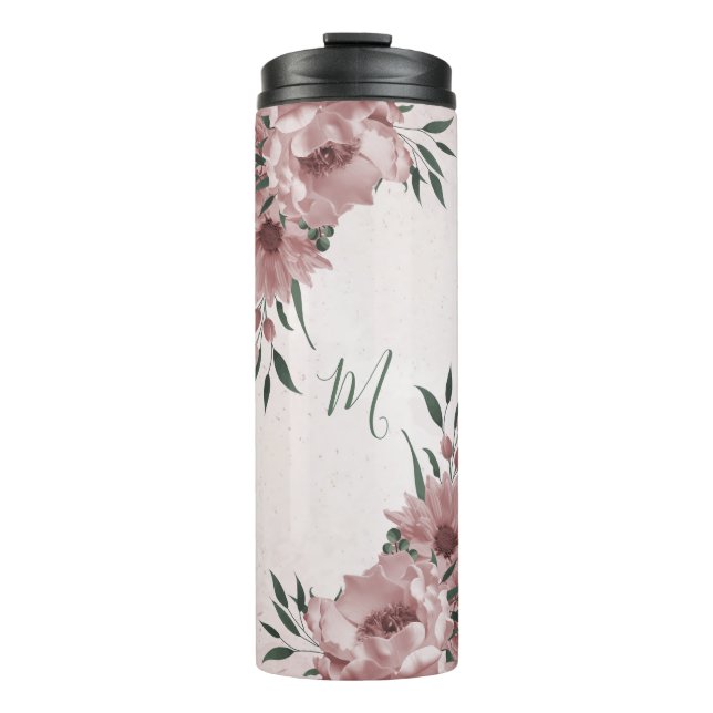 Garrafa Térmica verde-flores rosa romântica (Frente)