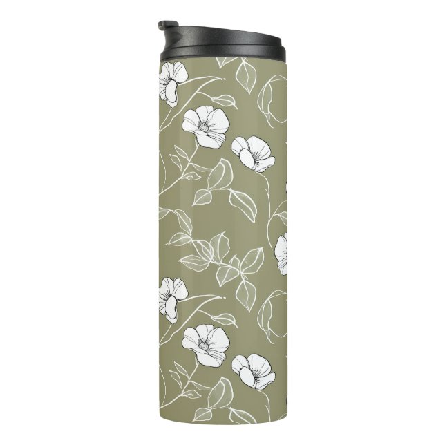 Garrafa Térmica Verde-oliva Botânica Mínimo Floral Branco (Rotação à direita)