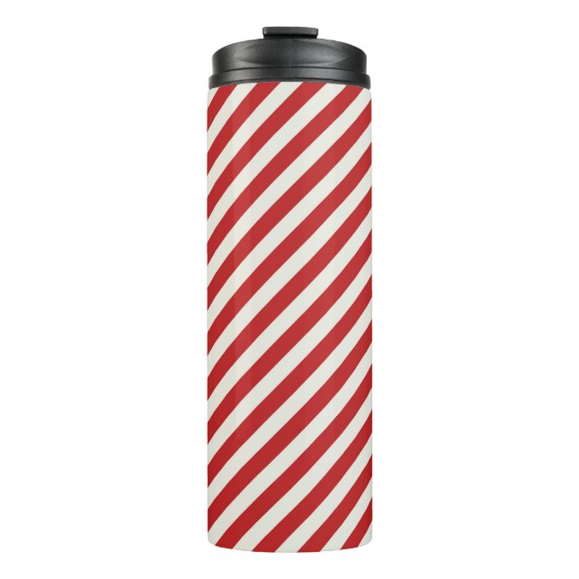 Garrafa Térmica Vermelho & Creme Bege Branco Listra Natal Festa  (Frente)