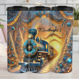 Garrafa Térmica Viagem de Trem Festivo Azul Ornamentado