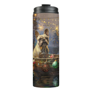 Garrafa Térmica Viagem Festiva de Natal do Bulldog Francês