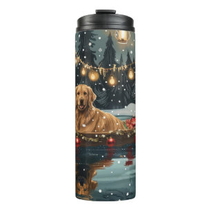Garrafa Térmica Viagem Festiva de Natal do Golden Retriever