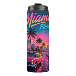 Garrafa Térmica Viagem Miami Flórida Retro Neon Pôr do Sol