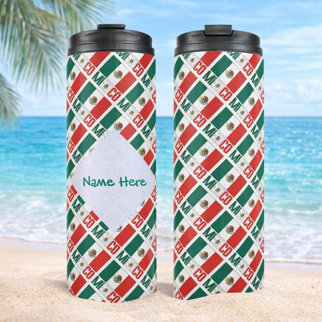 Garrafa Térmica Viagem Personalizada México Azulejos (Personalized thermal tumbler with tiled Mexican Flag and MEXICO. White fractal to add a name.)