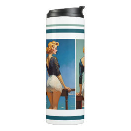 Garrafa Térmica Vintage Blond Pin-up Girl com faixas de corrida