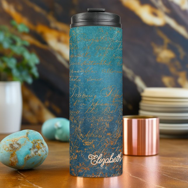 Garrafa Térmica Vintage Copper Patina com Caligrafia Turquesa (Vintage Copper Patina with Turquoise Calligraphy Thermal Tumbler)