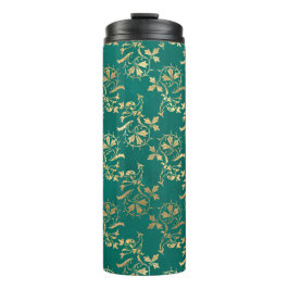 Garrafa Térmica Vintage Grunge Teal e Folhagem Dourada