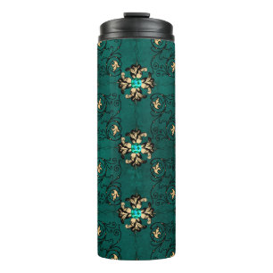 Garrafa Térmica Vintage Grunge Teal e Peacock Dourado Damask