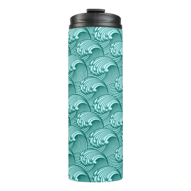 Garrafa Térmica Vintage Ondas Japonesas, Turquesa e Aqua (Frente)