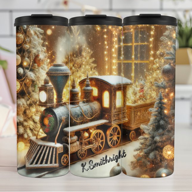 Garrafa Térmica Vintage Train Festive Window Christmas Trees (Criador carregado)