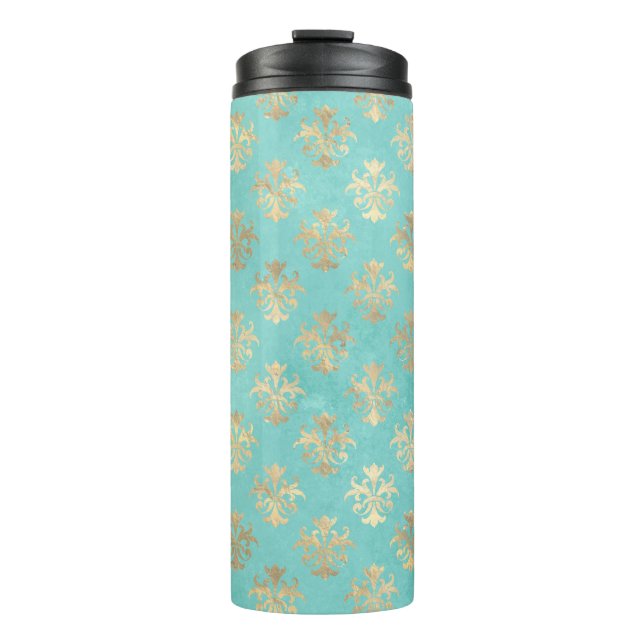 Garrafa Térmica Vintage Turquoise e Peacock Dourado Damask (Frente)