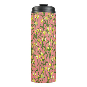 Garrafa Térmica Vintagem de Fundo Cor-de-Rosa das Flores Amarelas
