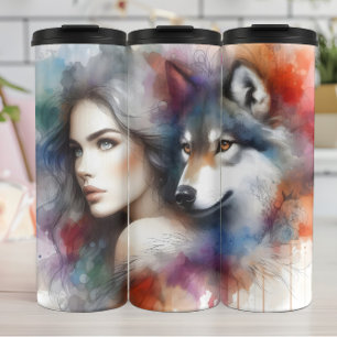 Garrafa Térmica Watercolor Bond: Mulher e Lobo
