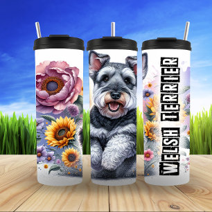 Garrafa Térmica Welsh Terrier em Ilustração Floral