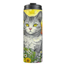 Whimsical Cat and Flowers