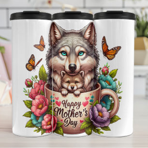Garrafa Térmica Wolf Mãe: Pup, Flores, Dia de as mães