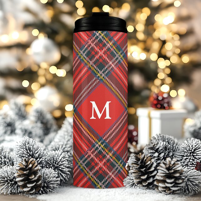 Garrafa Térmica Xadrez Escocês Clássico Vermelho de Natal Monogram (Criador carregado)