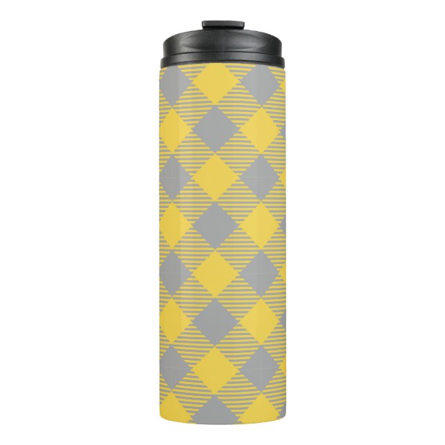 Garrafa Térmica Xadrez Moderno Clássico Cinza e Amarelo (Frente)