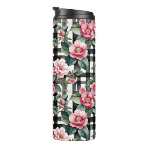 Garrafa Térmica Xadrez Preta e Branca com Camellias Rosa Folha