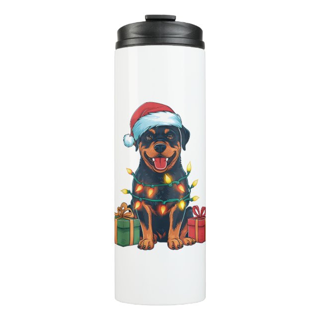 Garrafa Térmica Xmas Lighting Santa Hat Rottweiler no Natal (Frente)