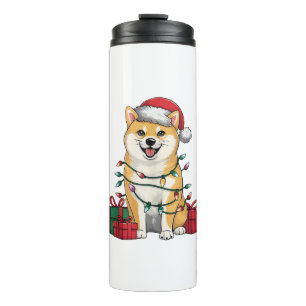 Garrafa Térmica Xmas Lighting Santa Hat Shiba Inu Dog Natal _1