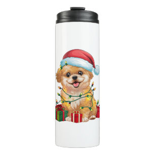 Garrafa Térmica Xmas Lighting Santa Hat Shih Poo Dog Natal