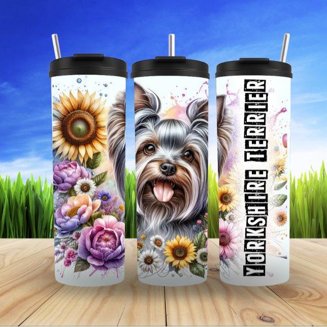 Garrafa Térmica Yorkshire Terrier com Sunflower e Blossoms (Criador carregado)