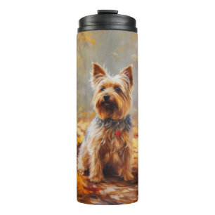 Garrafa Térmica Yorkshire Terrier no Outono Folhas Caídas Inspiram