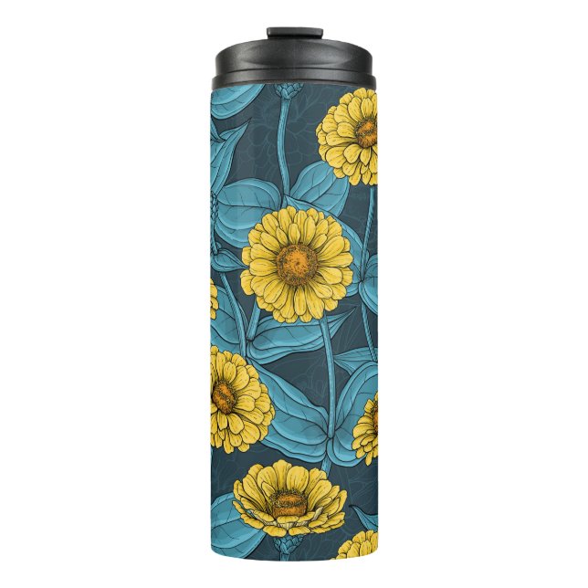 Garrafa Térmica Zinnias Amarelas em azul escuro (Frente)