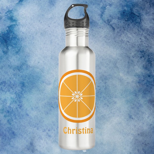 Garrafa Trilha de Citros Laranja Personalizar (A water bottle featuring an orange slice and text you can personalize!)