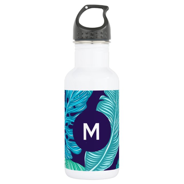 Garrafa Tropical Green Blue Leaves Pattern Monogram (Frente)